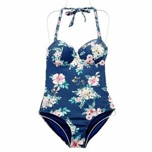 Janela Bay Riverwalk Floral Bra Top Tie Back One Piece Swimsuit Blue Pink Small